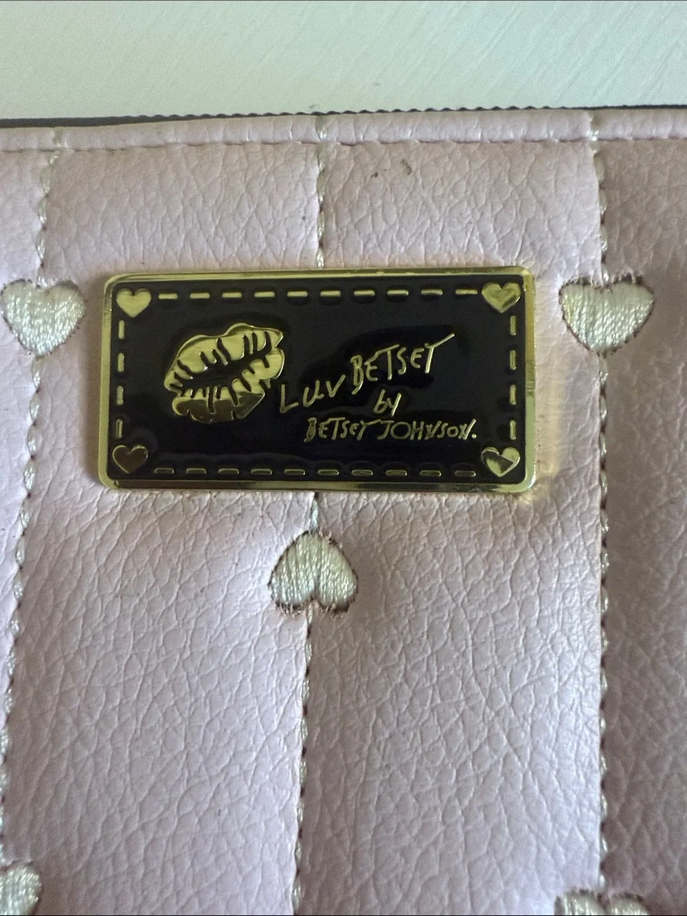 Betsey Johnson Pink Quilted Heart Zip Wallet with Gold Logo Plate